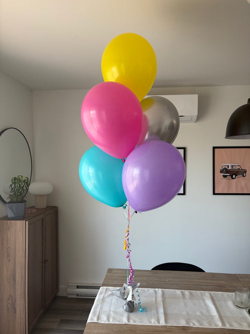 Bouquet de 5 ballons aux couleurs jaune, rose, argent, turquoise et mauve  l'hélium